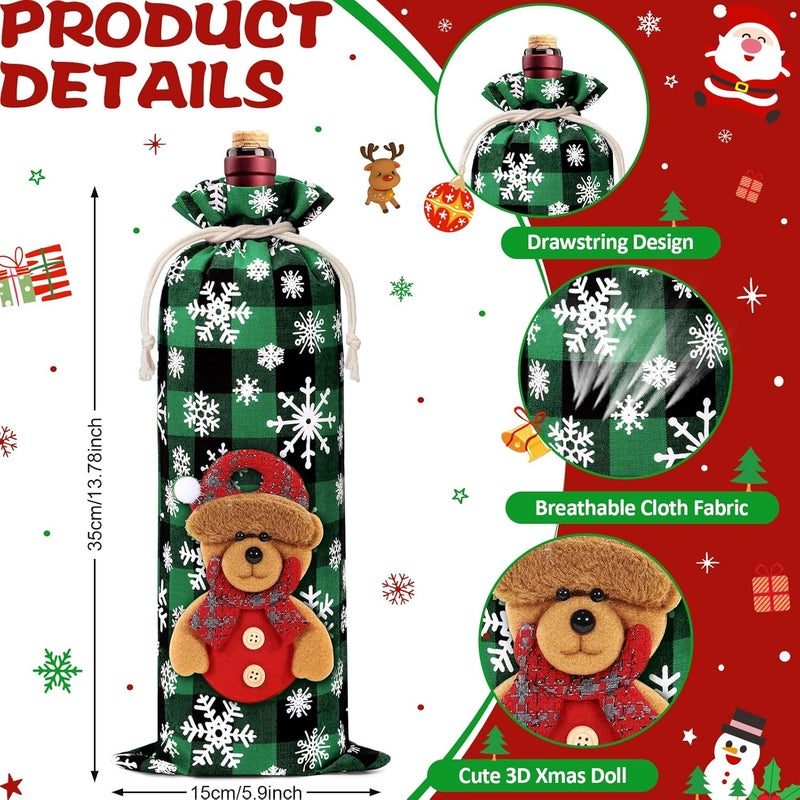 Aoonby 8PCS Christmas Wine Fabric Bags, Drawstring Christmas Buffalo Plaid Wine Bottle Gift Bags, Reusable Wines Bottle Covers with Santa Snowman Elk Bear 3D Doll, Xmas Wines Gift Bag for Holiday Party Decor - Image 2